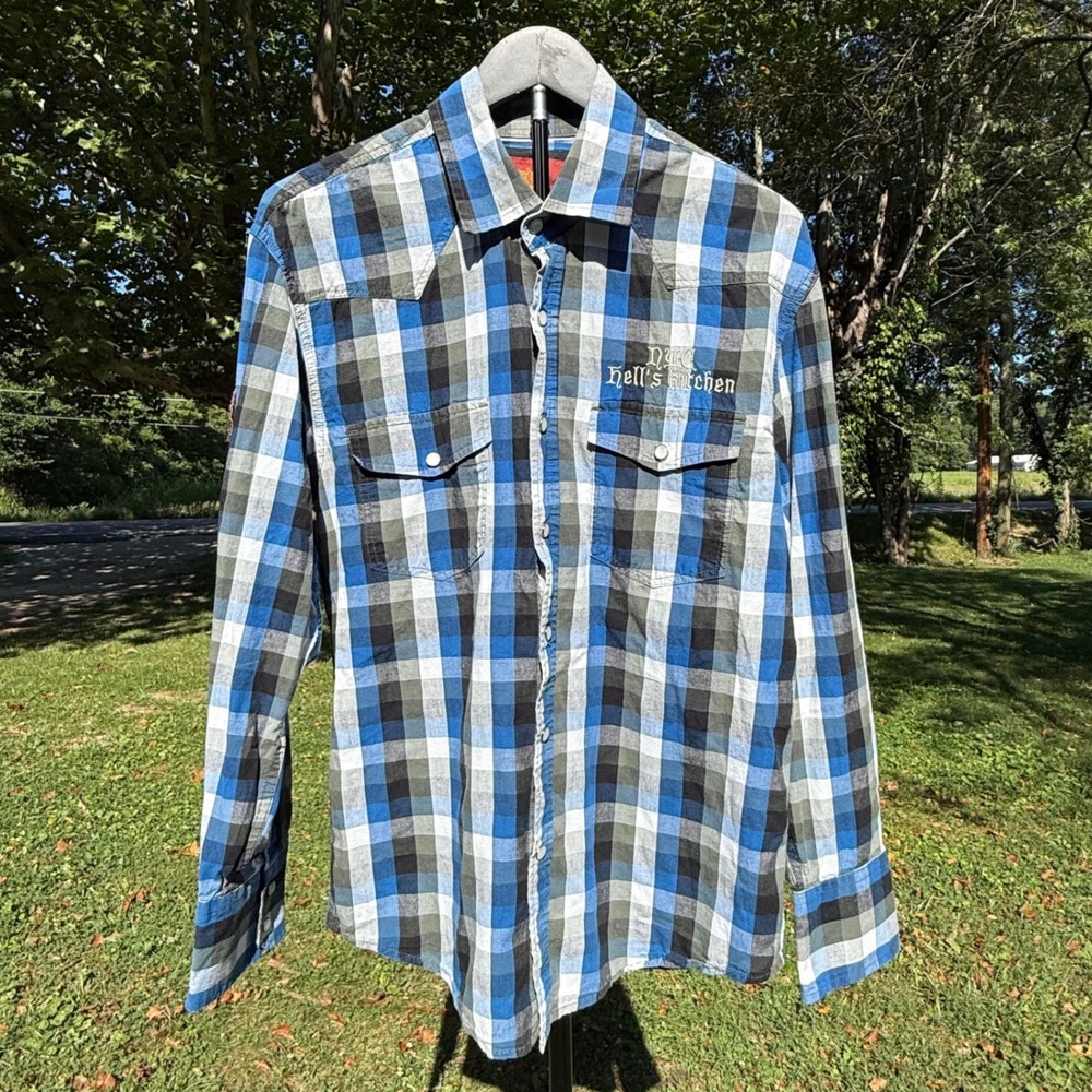 Drill Clothing Co Mens Small Hells Kitchen Tavern Plaid Western Snap Shirt Blue
